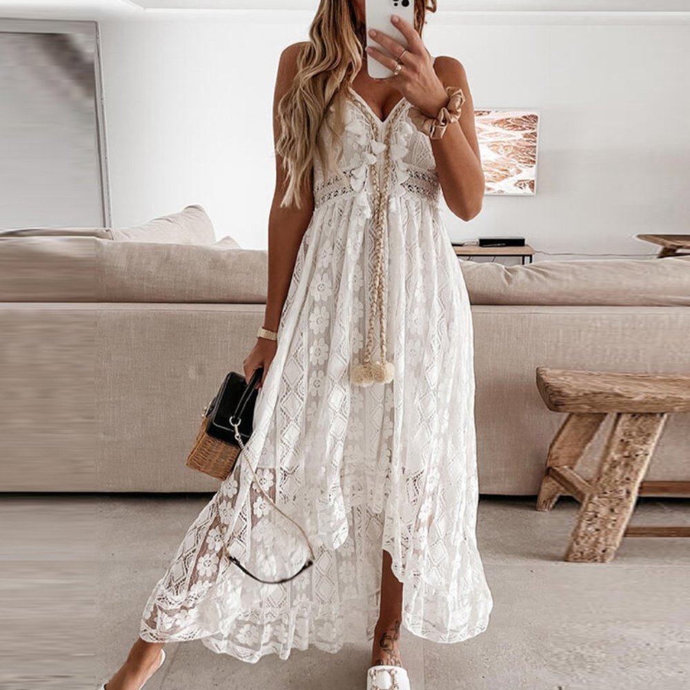 Boho White Lace Embroidered Tassel V-Neck Strapless Flowy Maxi Dress Sundress - Picture 1 of 10